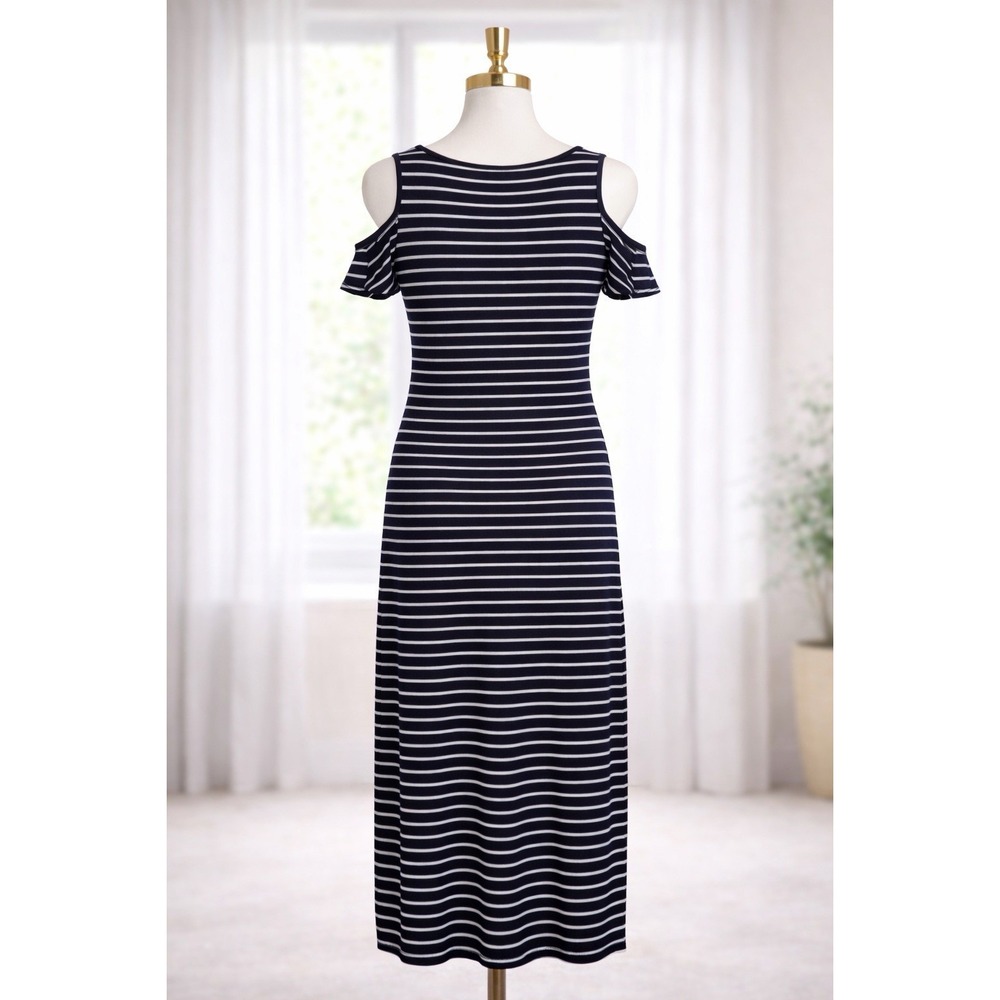 Athleta Knit T-shirt Dress Navy Blue White Striped Cold Shoulder Nautical Size M - Picture 3 of 10